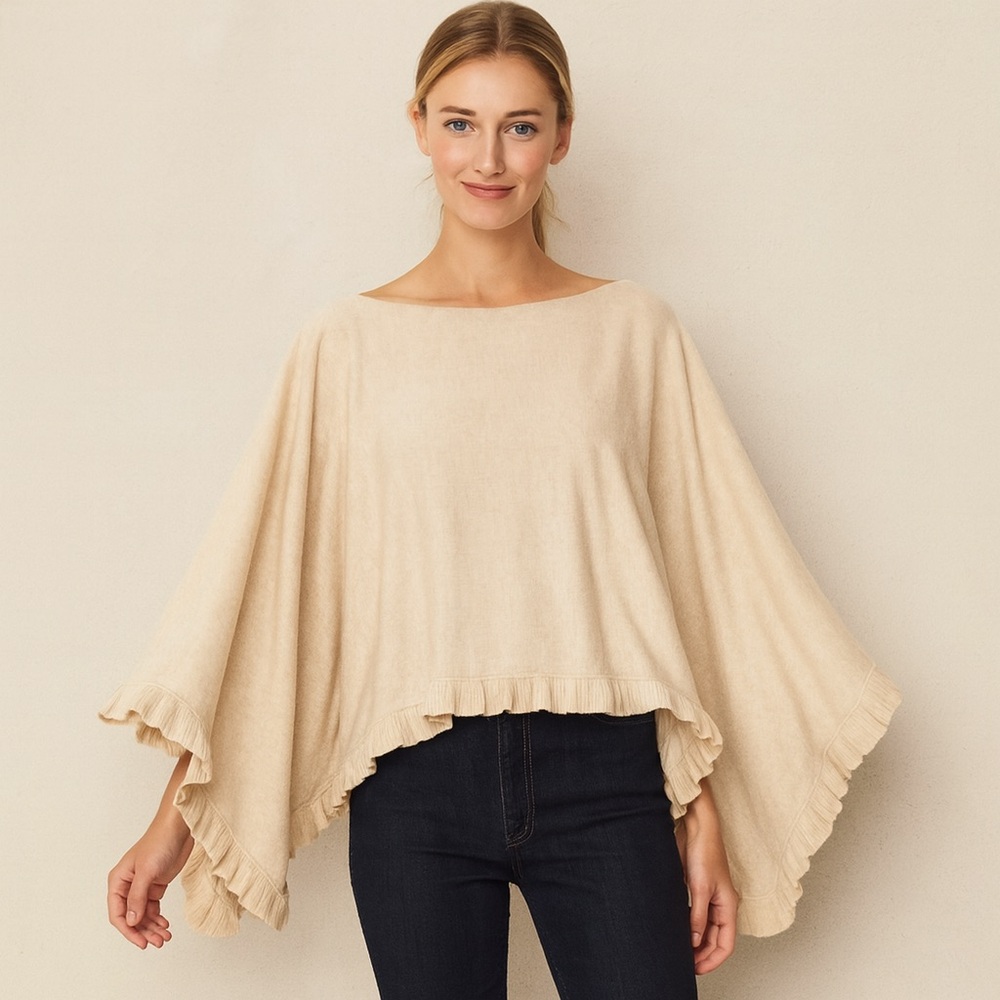 Haley And The Hound NEW Silk Cashmere Ruffle Sweater Poncho Wrap OS Cream Tan